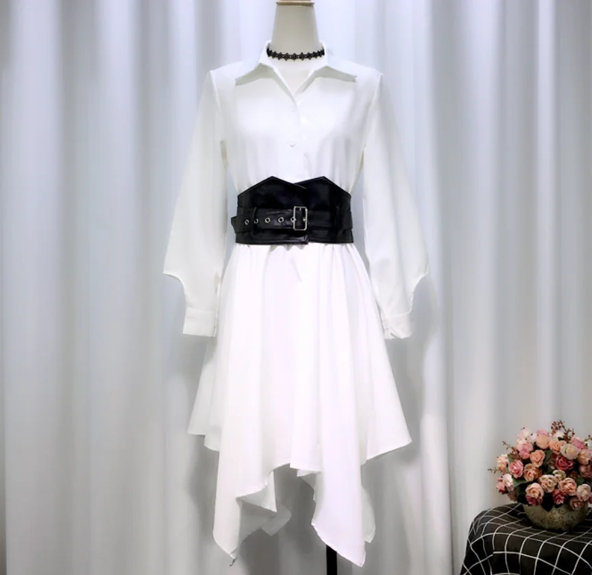 Spring Autumn Shirt Dress For Women With Black Bandage Vest Two Piece Slim Asymmetrical Dress