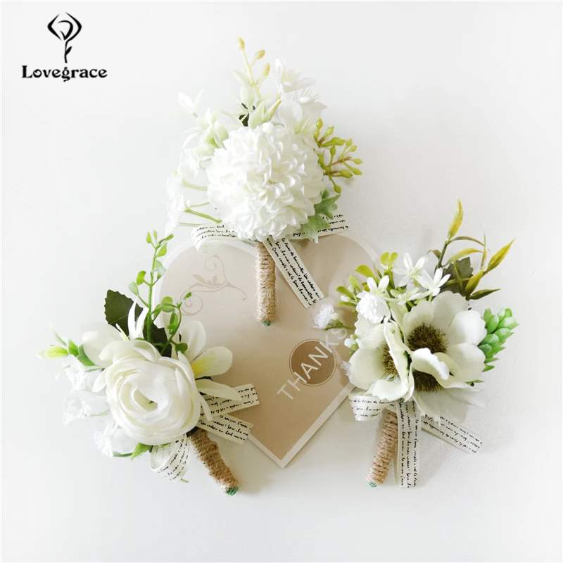 Boutonniere Gelang Pernikahan Korsase Pergelangan Tangan Pengantin Wanita Bunga Sutra Putih Mawar Boutonniere Aksesori Pernikahan Lubang Kancing Pria