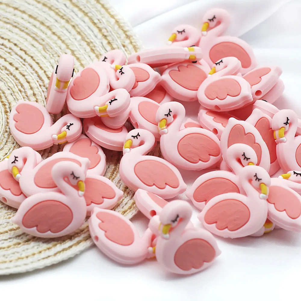 Nette-idee 10 stücke Mini Flamingo Silikon Perlen Cartoon Baby Beißring Food Grade DIY Halskette Schnuller Kette Baby Zahnen pflege Spielzeug