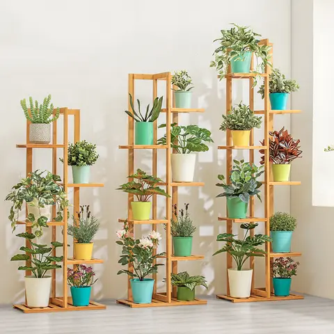 Bamboo plant stand with 5/6 tiers and flower pot holders BINGOPAW