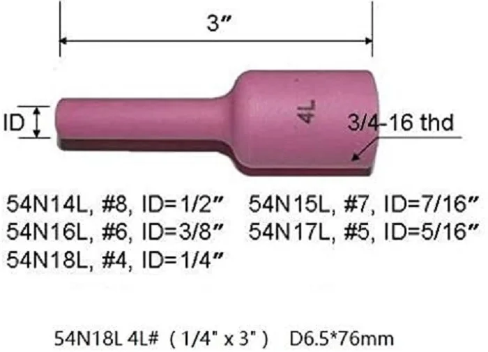 TIG Long Alumina Nozzle Gas Lens 54N18L #4 (D6.5*76mm) For TIG Welding Torch Consumables SR PTA DB WP 17 18 26 Series,5PK