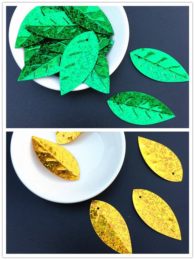 50Pcs/Bag 20*45mm Large Leaf Shape Sequins With 1 hole &PVC Paillettes DIY Wedding Sewing Cloth Garments Lentejuelas Accessories