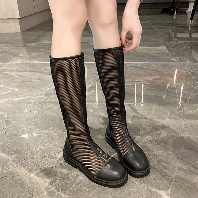 Mazefeng High Quality 2020 Hollow Boots Shoes Breathable Knit Line Mesh Boots Summer Women Boots Knee High Womens Shoes 35-39