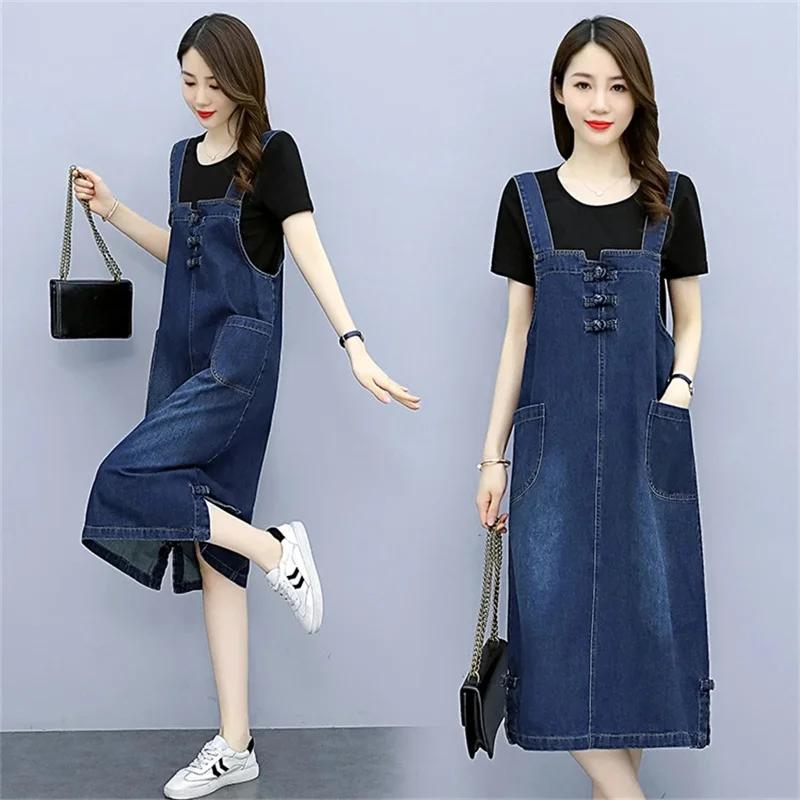 Korean Fashion Denim Sundress Preppy Style Midi Jeans Dress Women Suspenders Loose Jeans Dresses Female Overalls Robe Femme C