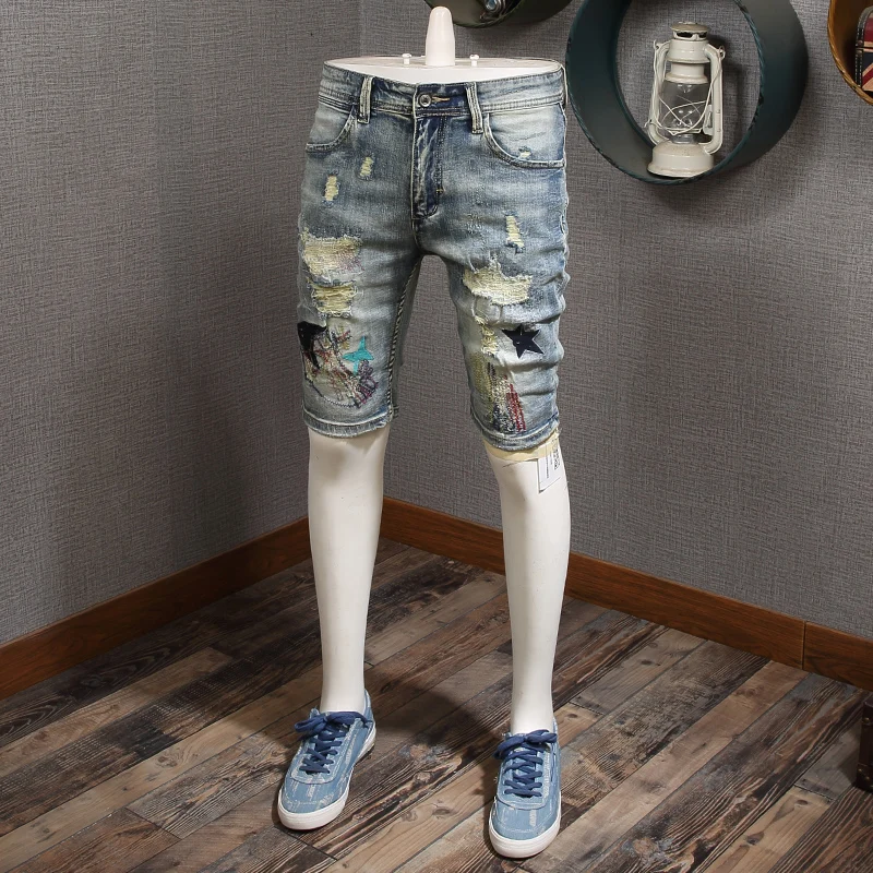 

Geometric Embroidery Ripped Denim Shorts Men Summer Fashion Light Blue Short Jeans Men Straight Slim Fit Denim