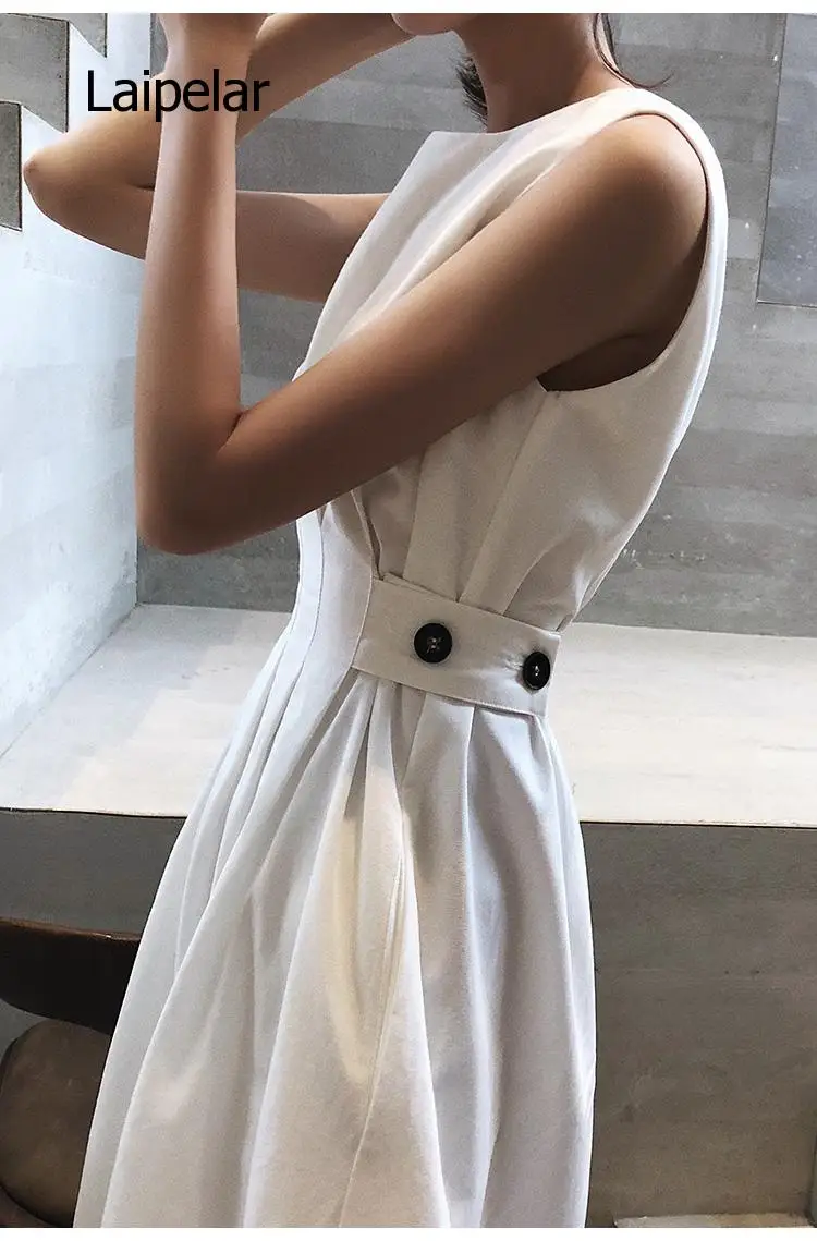 2021 Summer Women Solid White Black Fashion Elegant Casual Party Dress o Neck Sleeveless Tank Sundress Female Vestido