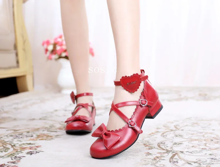 Sweet lolita shoes vintage round head low heel 1-3 women shoes cute bowknot cross bandage kawaii shoes loli cosplay kawaii girl