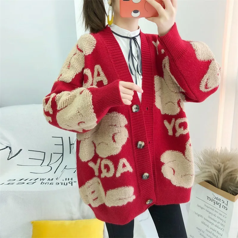 

2022 Autumn Winter Knitted Female Cardigan Loose Streetwear Knit Sweater Coat Cute Cartoon Print V-Neck Cardigan Women Jacket