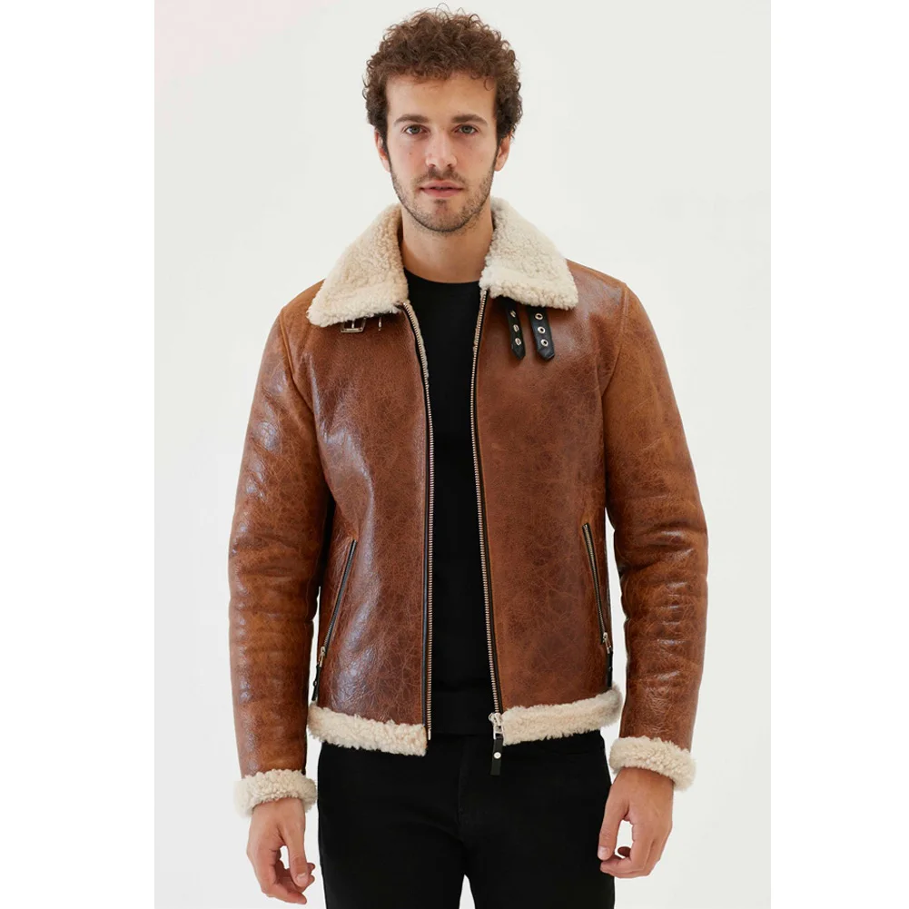 2019 New Mens Aviator Shearling Jacket Turkey Sheepskin Coat Mens Winter Coats Short Leather Jacket