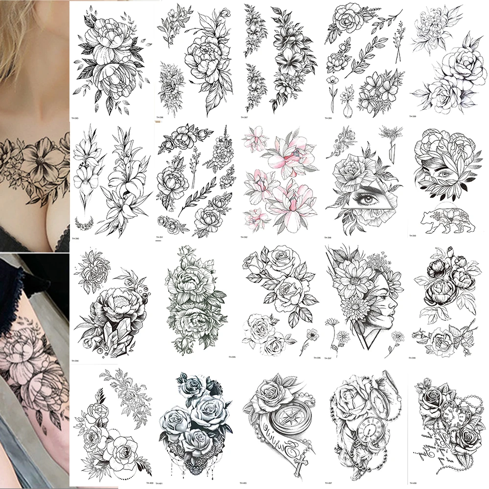 10/20PCS Rose Peony Flower Girls Temporary Tattoos For Women Waterproof Black Tattoo Stickers Blossom Lady Shoulder DIY Tatoos