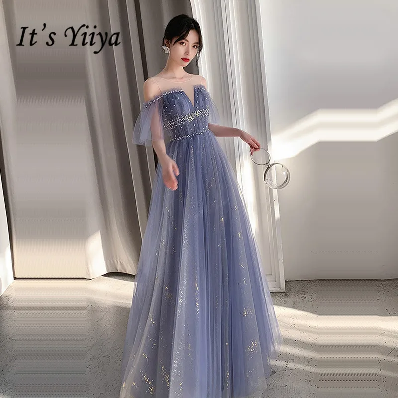 

It's Yiiya Evening Gown O-Neck Illusion A-Line Ruched Evening Dress 2020 Short Sleeve Lace Up Evening Dresses for Women K351