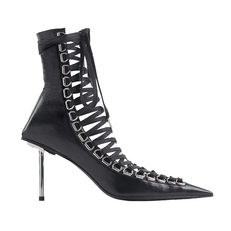 Drążą sandały buty kobiety Pointed Toe botki kobiety metalowe wysokie obcasy kobiety Party buty kobiety moda botas de mujer