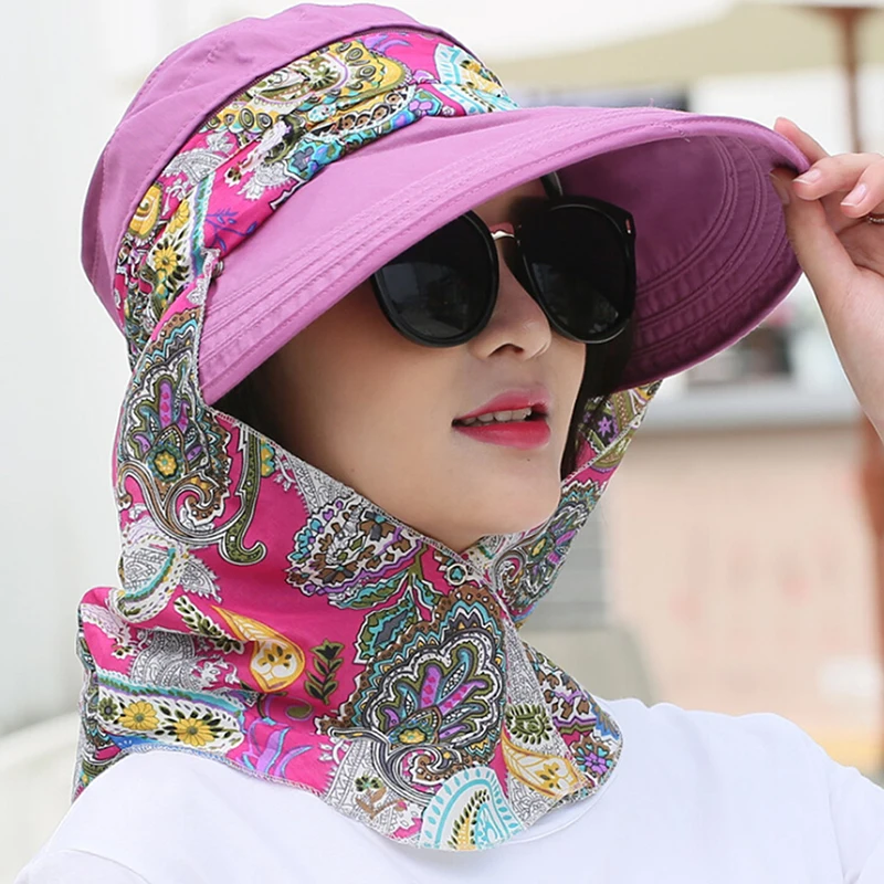 Lady Women Summer Outdoor Hat Cap Riding Anti-UV Sun Hat Beach Foldable Sunscreen Floral Print Caps Neck Face Wide Brim Hat