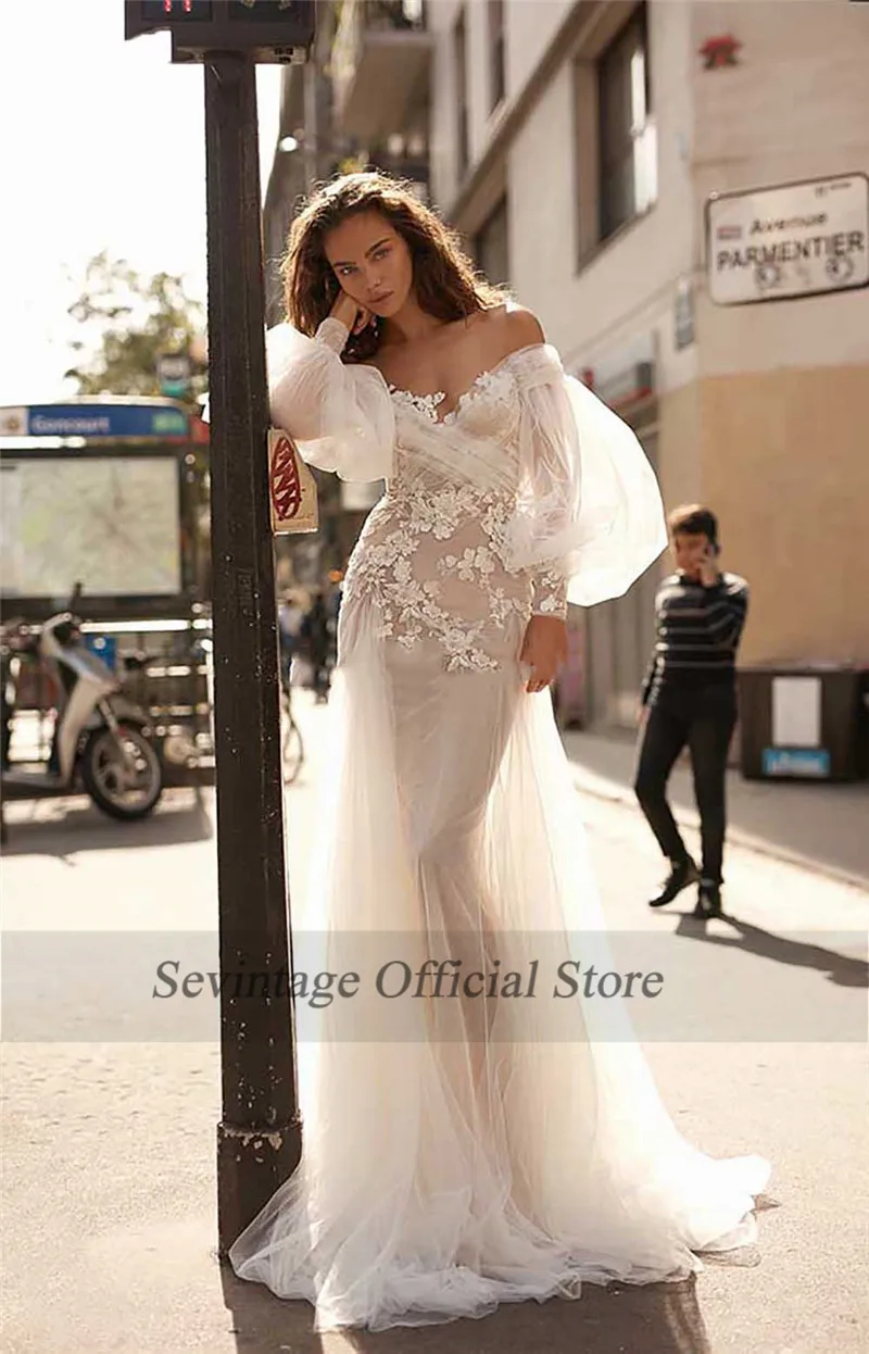 Robe de mariée sirène bohème à manches longues bouffantes, appliques en dentelle, robes de mariée, hors de l'initiative, fête de mariage, priorité