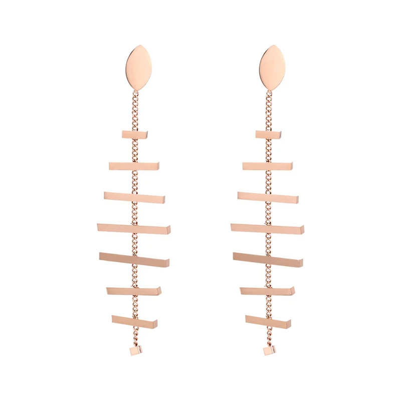 

Unique Lucky Fishbone Long Drop Earrings Titanium Steel Rose Gold Color Stud Earring Fashion Jewelry Making For Girl Gift