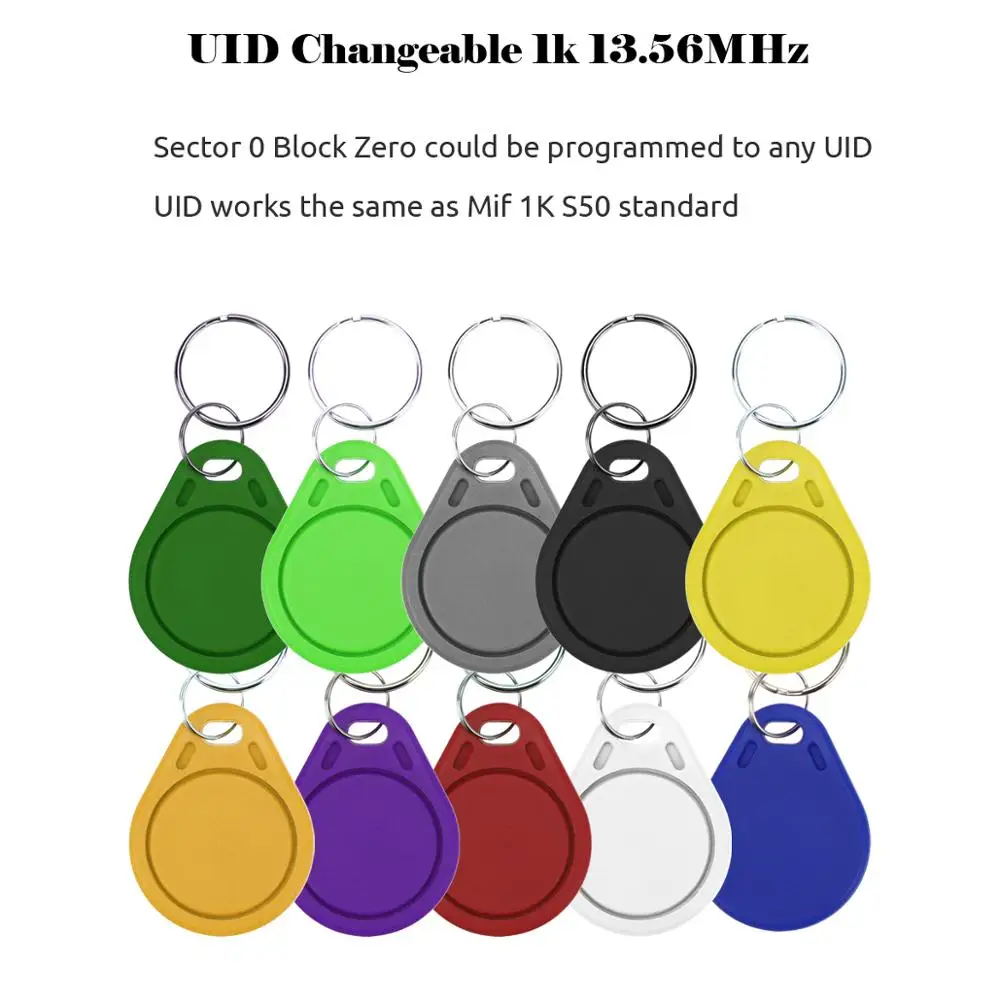 100pcs UID RFID Tag Changeable 1k 13.56mHz IC S50 Block 0 Sector Writable Smart Ring Key Fob Alien Chip Keytags Band keyfob