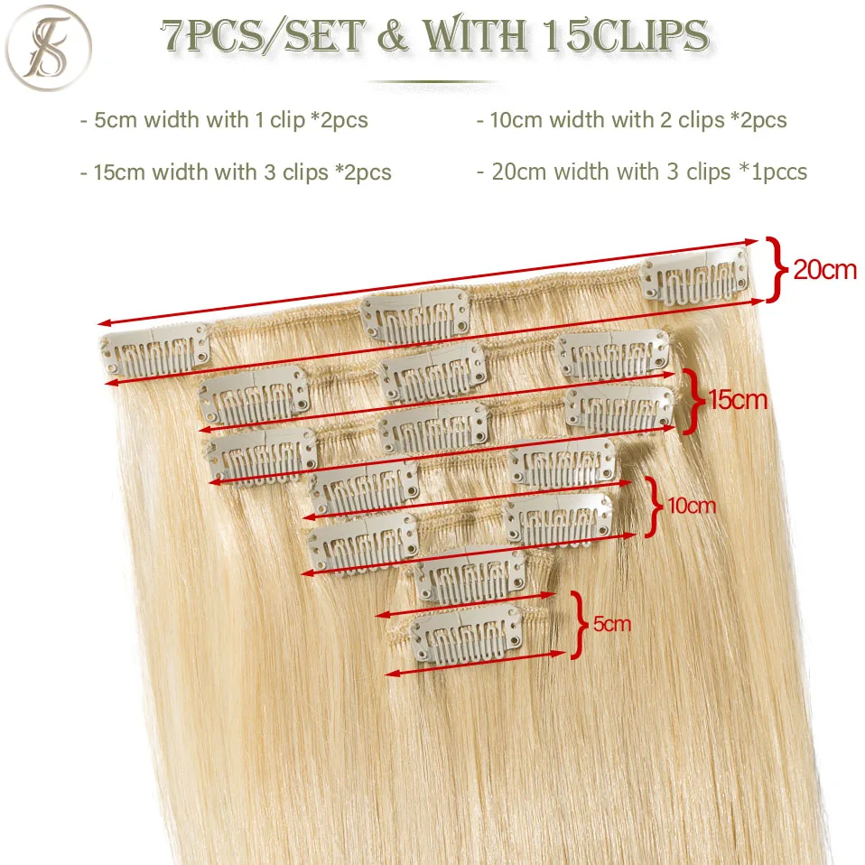 TESS 15colours Women Human Clip In Hair Extensions  Hairpiece Non-Remy Straight Hair Full Head Thin Highlight Bleach Blonde