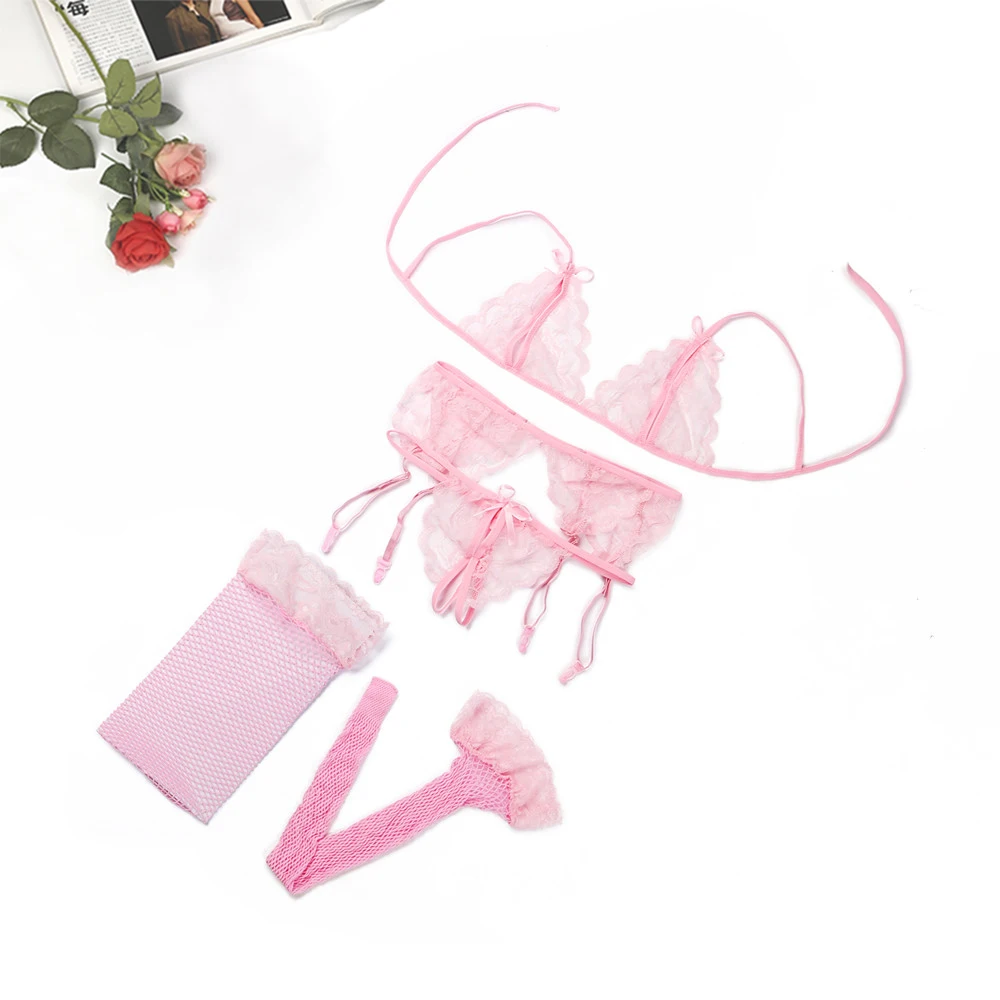 

Sexy Pink Lingerie Set Temptation Lace Push Up Transparent Bra Set Erotic Women Underwear Bras & G-String + Net Socks & Sling