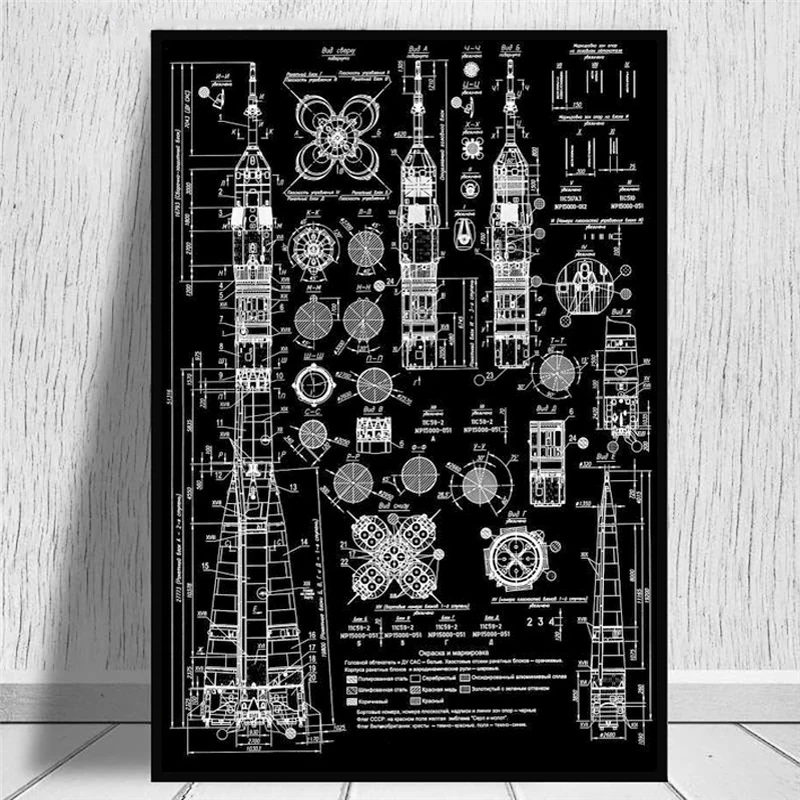 

Soyuz-U2 Russian Rocket Patent Gallery Wall Art Canvas Print Aviation artwork Blueprint Posters Painting Outer Space Retro Decor