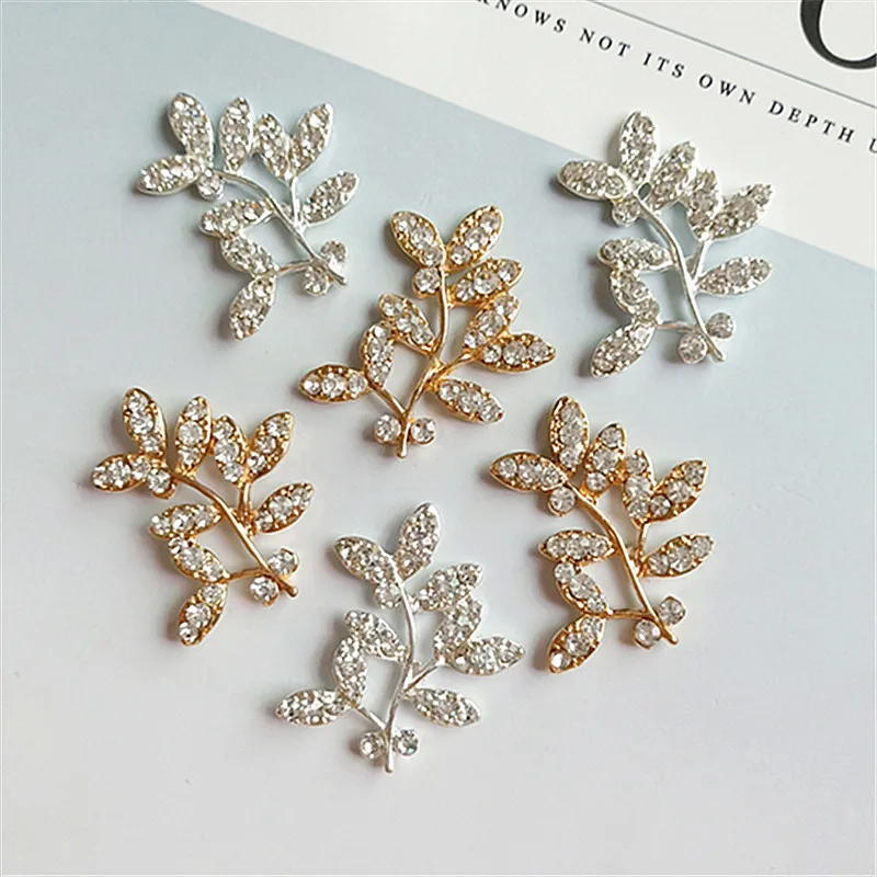 10 Pcs/Lot Tree branch Leaves Flower Gold Or Silver Rhinestone Buttons Flatback Embellishment Button For DIY Hair Accessories