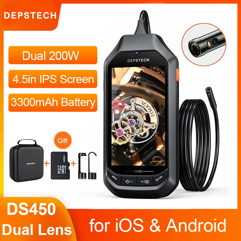 DEPSTECH DS450 1080P podwójny obiektyw przemysłowy endoskop z ekranem 4.3 \'\'IPS 2MP kamera inspekcyjna do spustu kanalizacji samochodowej