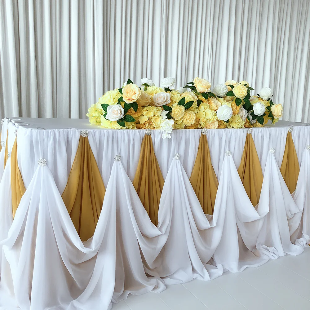 Gold White Chiffon Table Skirt with Diamond Brooch, Wedding Party Decor, New Design , 10 ftx30 inch, 1 Pc