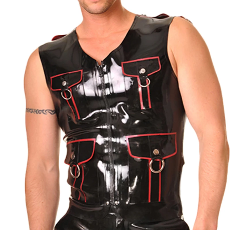 Black And Red Trims Sexy Latex Shirt With O Rings Rubber Clothing Tank Top YF-0234