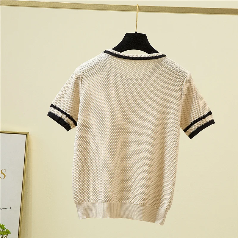 Knitted T Shirt Women Bow Patchwork Short Sleeve T-Shirt Korean Fashion Womens Clothing 2022 Summer Tops Thin Tee Shirt Femme