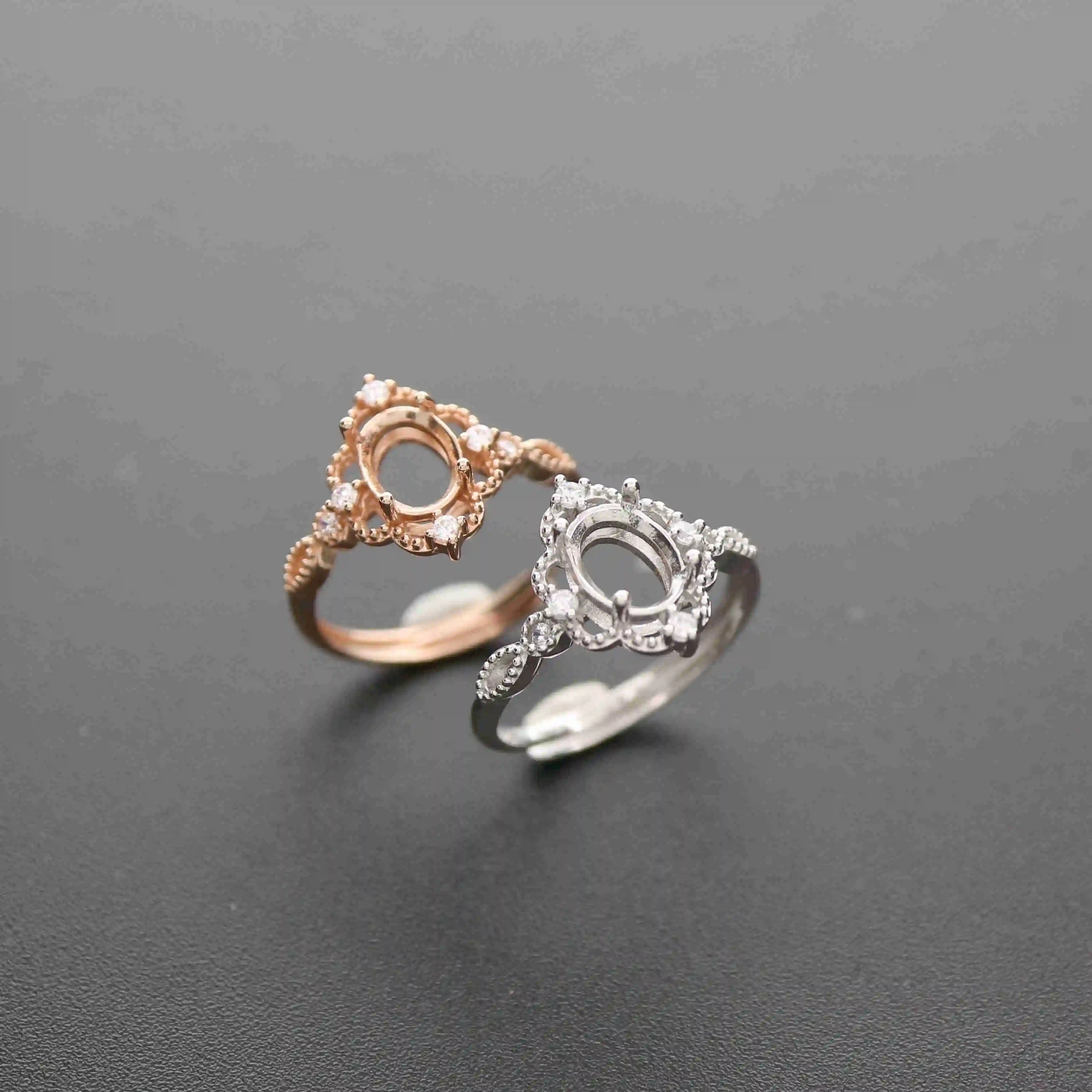 Multiple sizes oval rose gold silver Gems CZ stone prong bezel solid 925 sterling silver adjustable ring settings 1224009