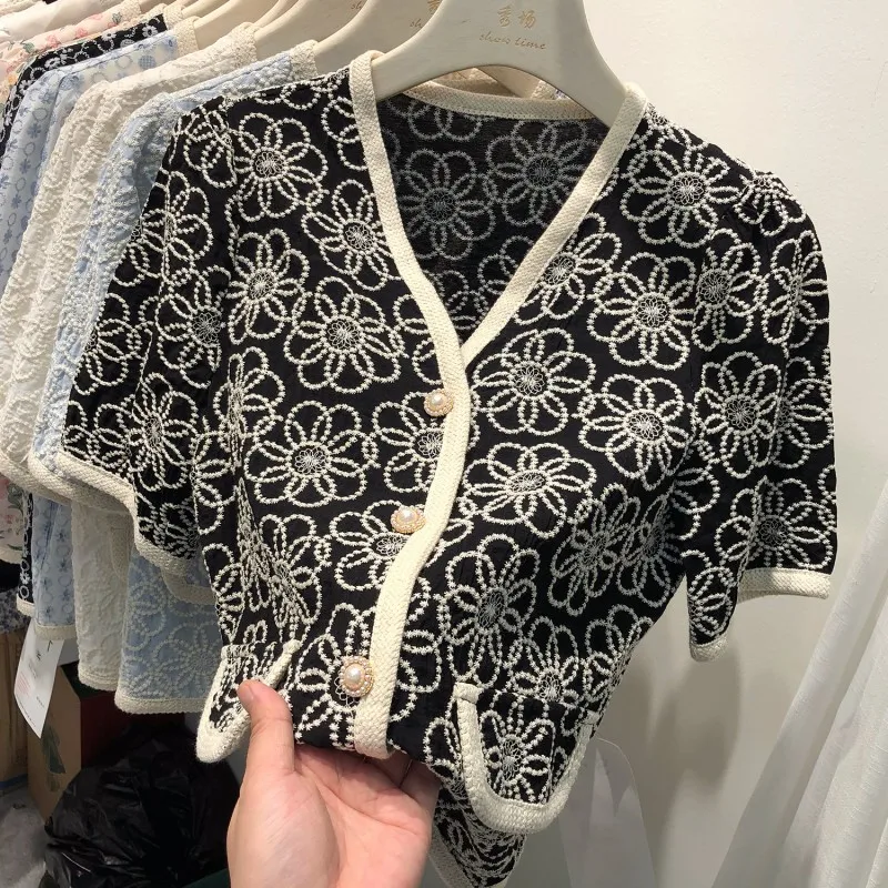 

Elegant Tops Shirt Women Korean Style V-Neck Summer short sleeve Embroidered Lace Mesh Blouse 2022 Summer