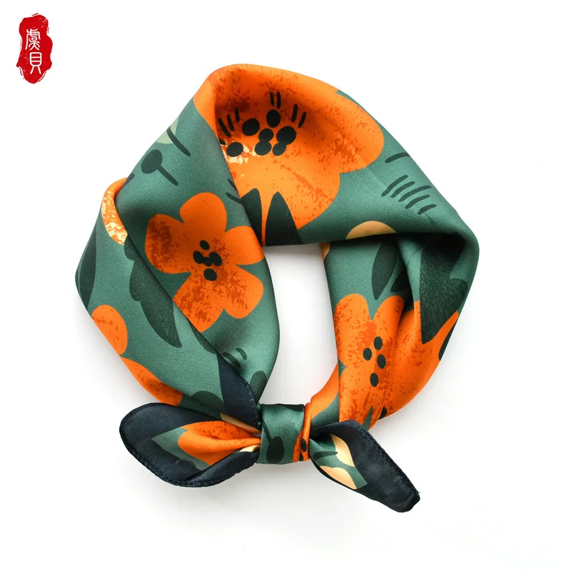 Retro flower natural silk scarf women small square scarves fashion hair scarf children design headscarf foulard hijab BABY warp