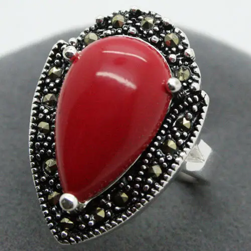 

wholesale good fashion design Elegant 925 Silver 15*23mm Red Coral e Marcasite Ring Size 7/8/9/10