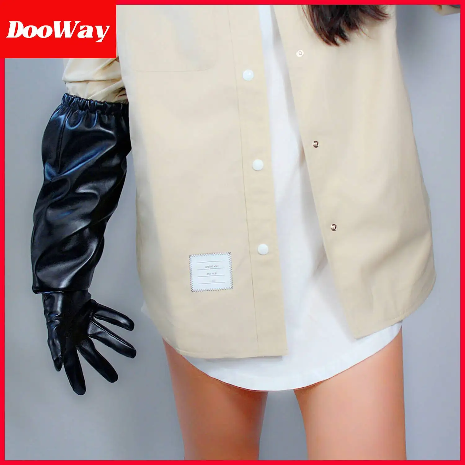 DooWay Women Black Fashion Leather Gloves Faux Leather Loose Sleeve Elastic Cuff Elbow Length Evening Formal Outfit Cosplay