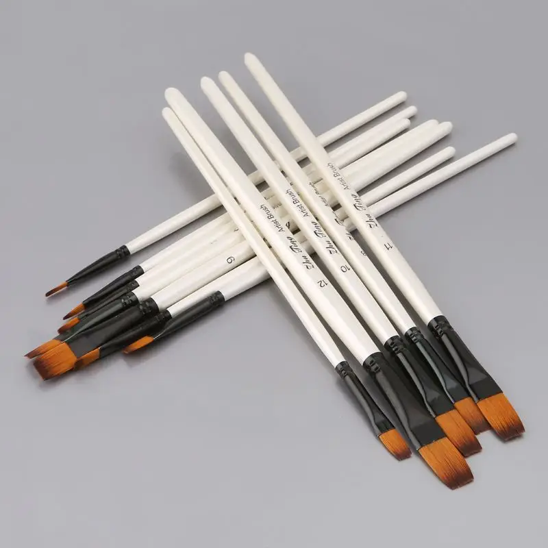 12Pcs Artist Paint Brush Set Nylon Bristles Watercolor Acrylic Oil Painting Slant Flat Round Pointed Pen Tip Wood Handle Art Acc