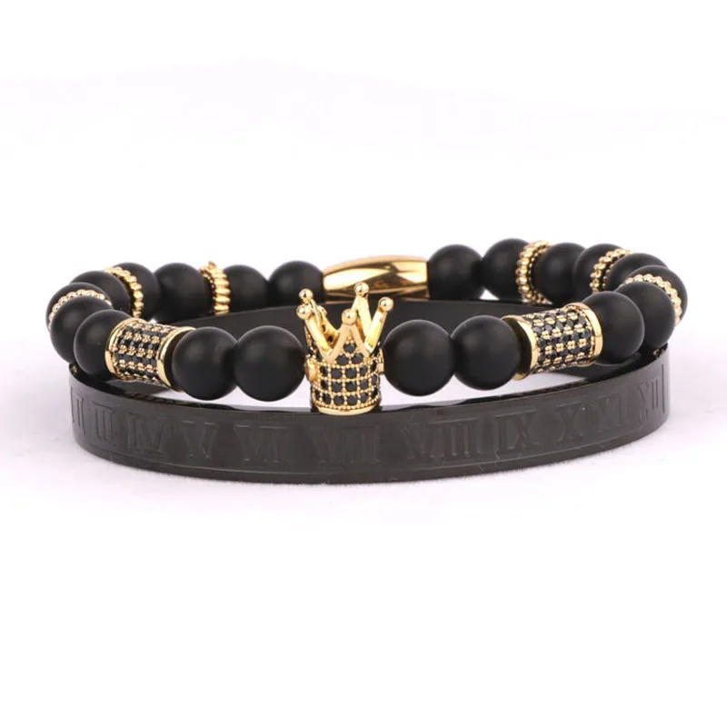 New Luxury Men Jewelry Bracelet CZ Micro Pave Crown Charm Stainless Steel Beads Custom Elastic Bracelet Bangle Set
