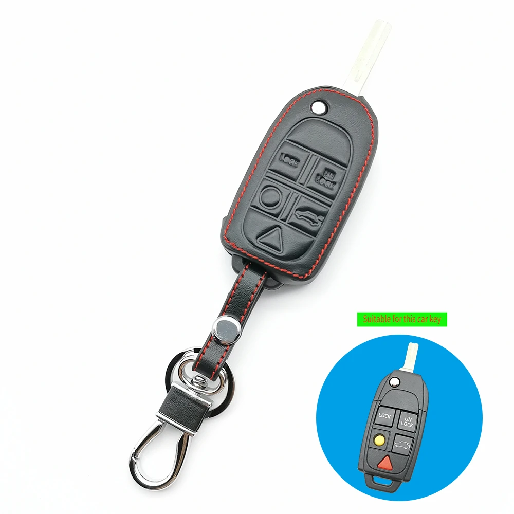 Genuine Leather Remote Control Keychain Car Key Cover For Volvo S80 S60 V50 V70 XC70 XC90 5 Buttons Key Case