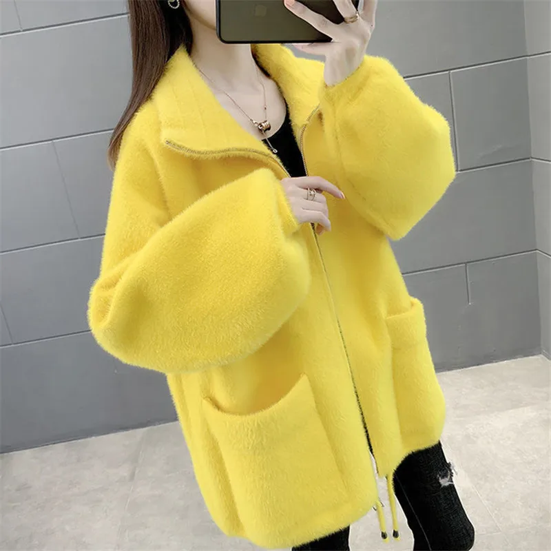 2024 Autumn Winter Thick Faux Mink Cashmere Woolen Coat Women Loose Short Outwear Korean Big Pocket Zipper Woolen Jacket Female