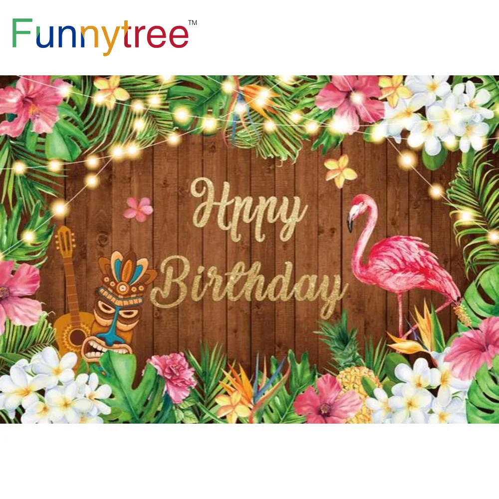 Funnytree Happy Birthday Flamingo Backdrop Summer Tropical Aloha Party Backdrop Rustic Wood Leaves Flowers Pineapple Photophone