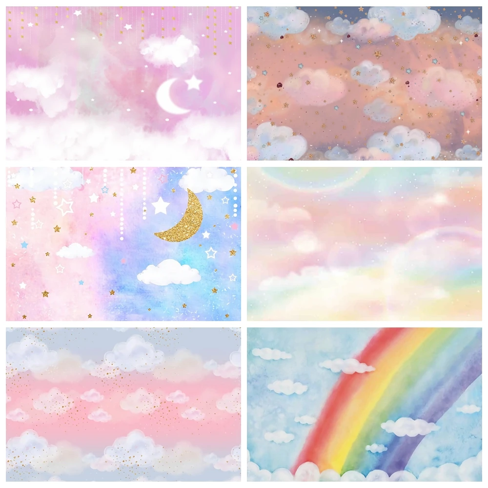 

Laeacco Baby Shower Photography Backdrops Dreamy Sky White Clouds Stars Bokeh Children Newborn Photo Backgrounds For Photo Shoot