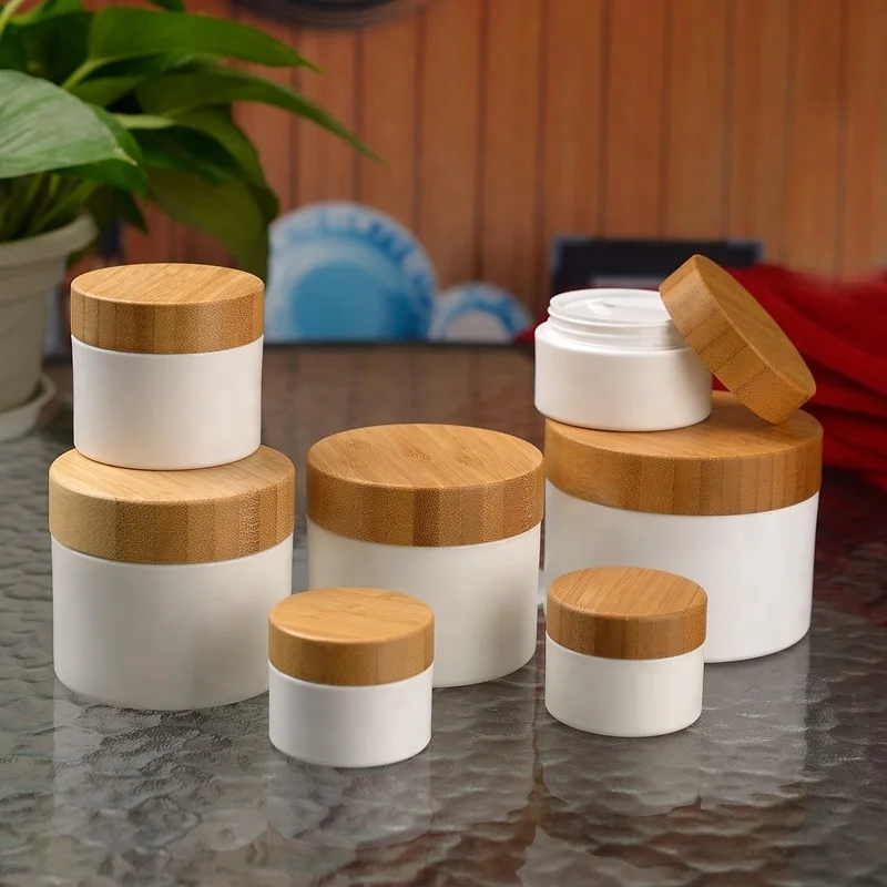 

30g 50g 100g 150g 200g 250g Natural Bamboo Wood Lid Cap White Plastic Jar Cosmetic Packaging Jars Wooden Cover CBD Cream Bottle