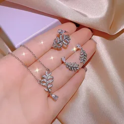 925 Sterling Silver High Quality Feather White Zircon Clavicle Chain Necklace Female Simple Earrings Ring Jewelry Set