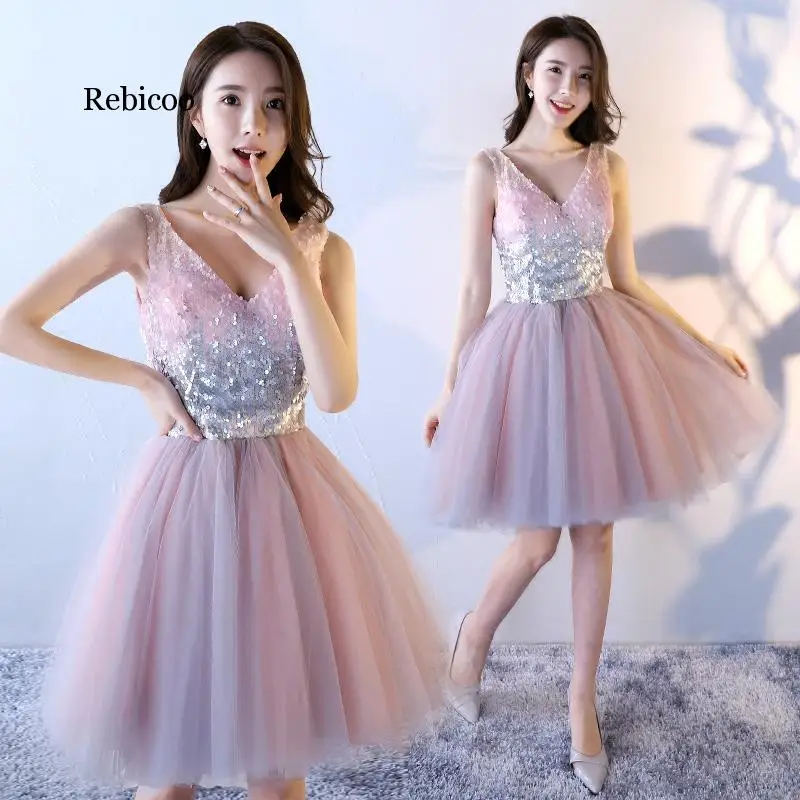 Contrast Pink short sweat lady girl women princess bridesmaid banquet performance party ball dress gown fast shipping