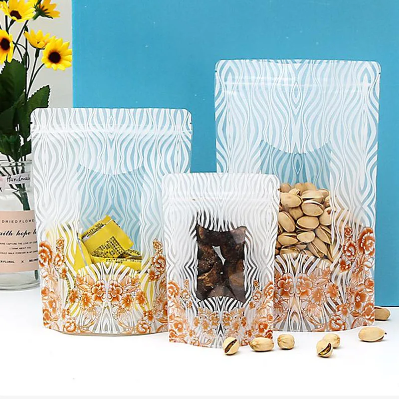 100Pcs Stand Up Gold Flowers Plastic Doypack Pouch Zipper Window Bags Food Storage Packaging Printing White Stripes Packing Bag