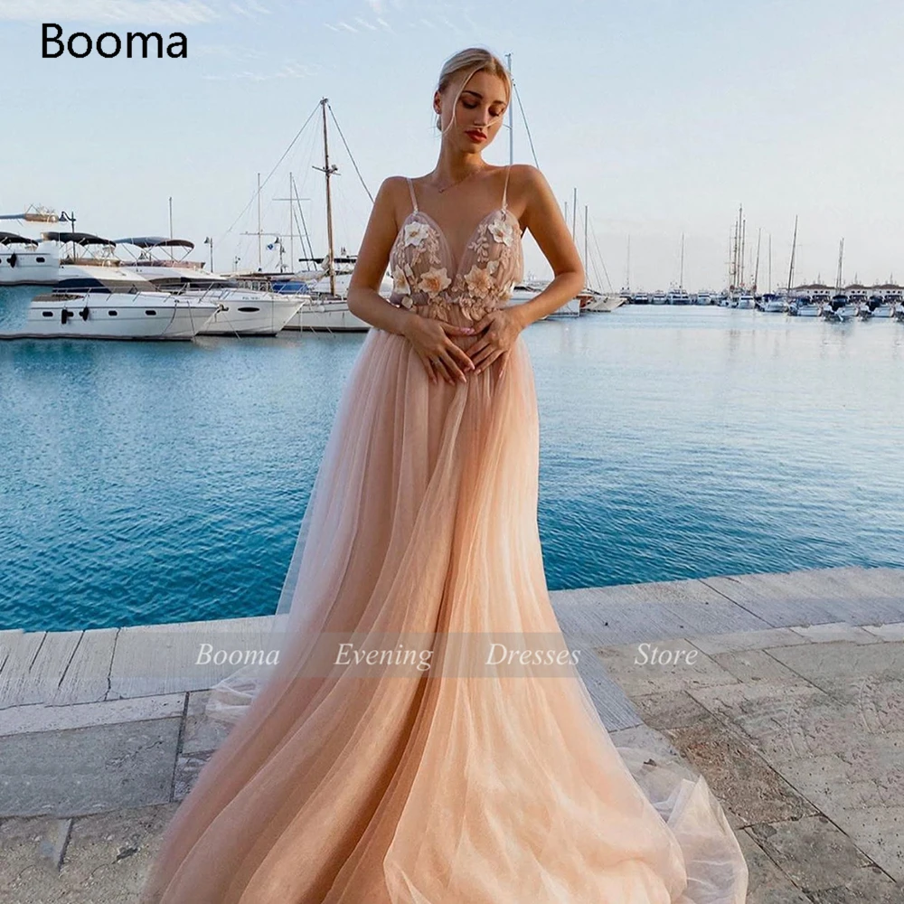 Sexy Backless Peach Prom Dresses Spaghettibandjes Geappliceerd Bloemen Party Wedding Lange Jurken V-hals A-lijn Tulle Prom Jassen