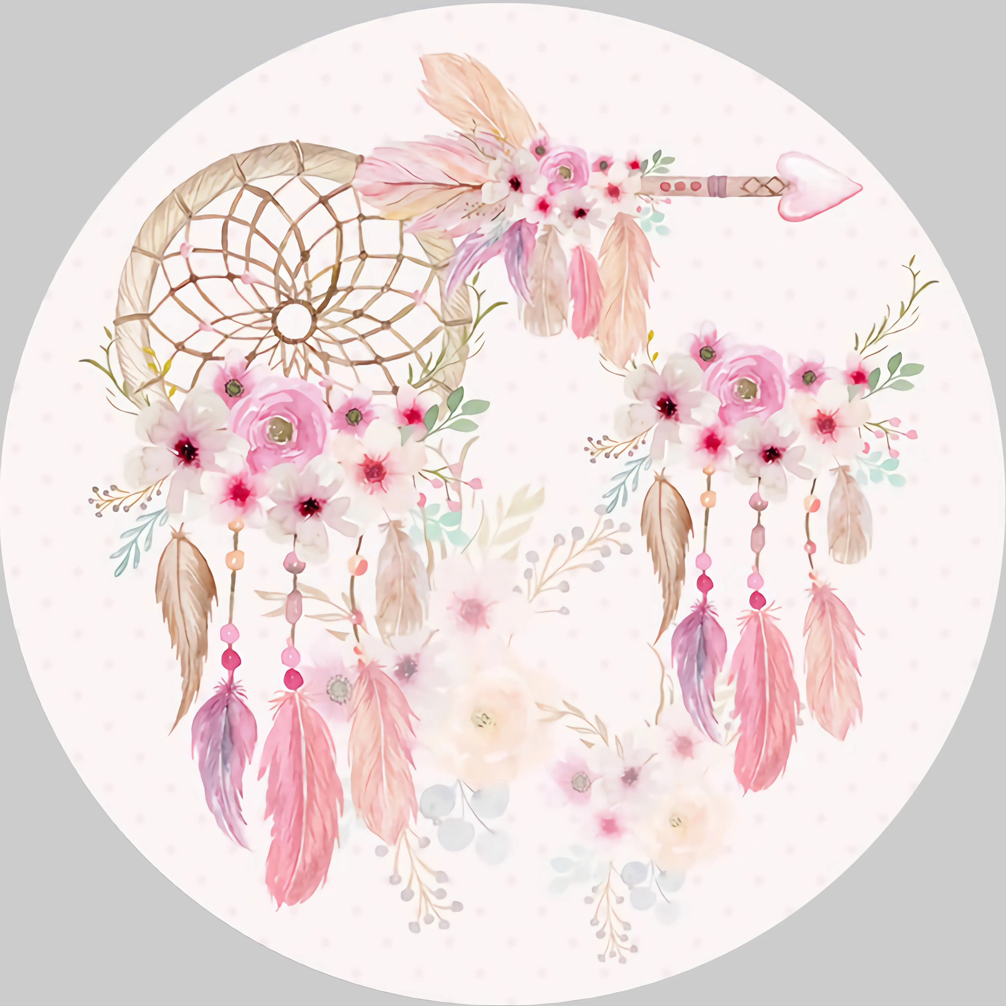 Bohemian Dreamcatcher Round Background Feathers Pink Girl Boho Birthday Circle Backdrop decoration Cylinder Covers