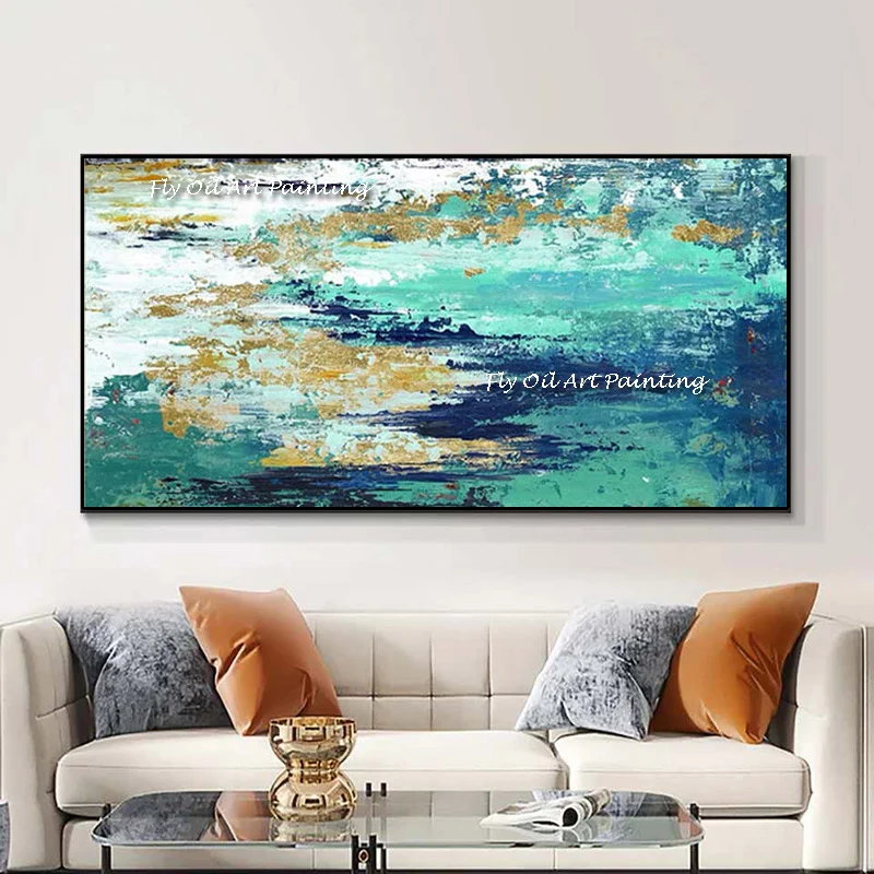 

Hand-painted Abstract Ocean Oil Painting On Canvas Gold foil paintings for Restaurant living room Decor Entrance Decoration