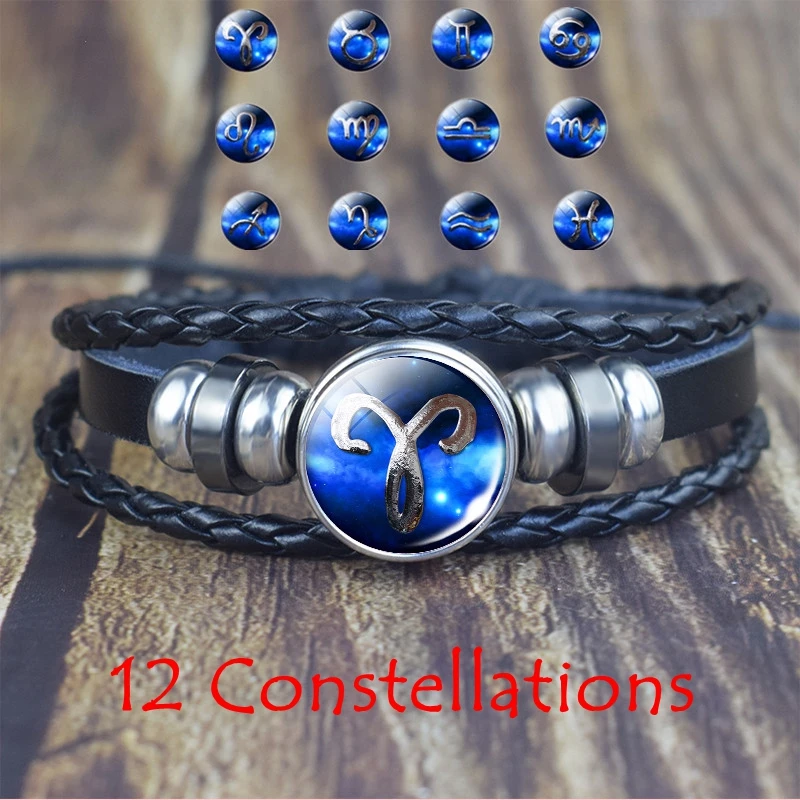 12 Constellations Augury Black Leather Bracelet  Zodiac Multi-layered Braided Bracelets Sagittarius Capricorn Aquarius Pisces