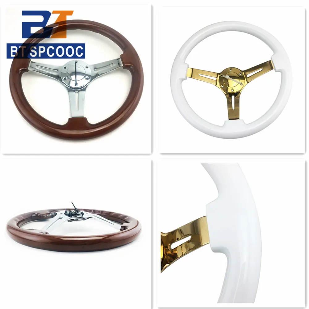 SPCOOC 14inch 350mm Car Sport Steering Wheel Fashion Classic Soild Wood Drift Steering Wheels Universal White Wooden Color