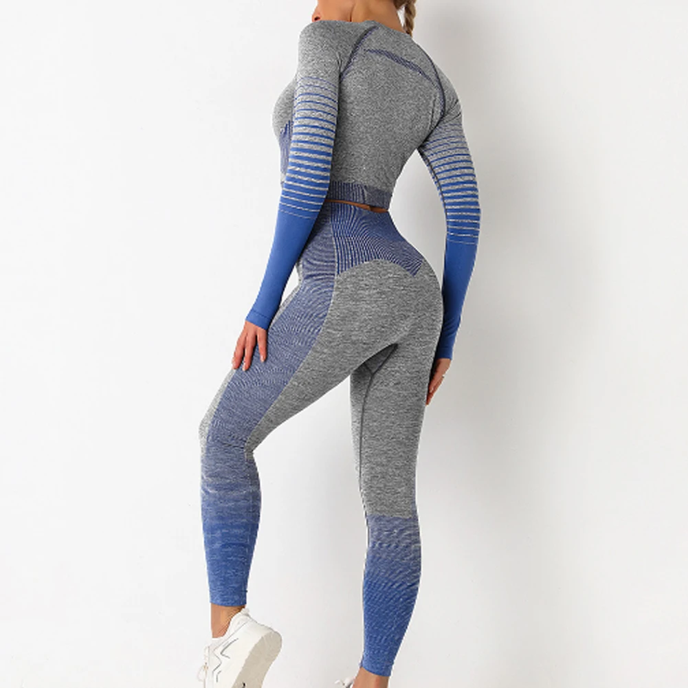 Women Seamless Striped Yoga Set 2Pcs Gym Clothes High Waist Leggings+Long Sleeved Crop Tops Gradient Running Training Sportswear