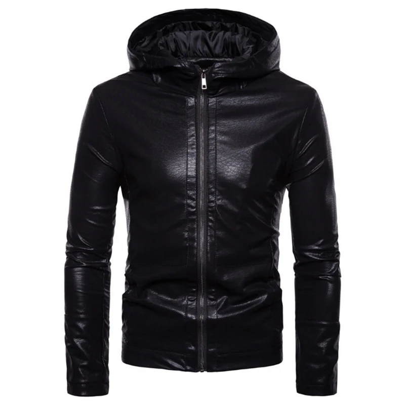 

Autumn Jacket Men Hooded Black PU Leather Jacket New Brand Motorcycle Leather Jacket Zippers Coat Jaqueta De Couro Masculina